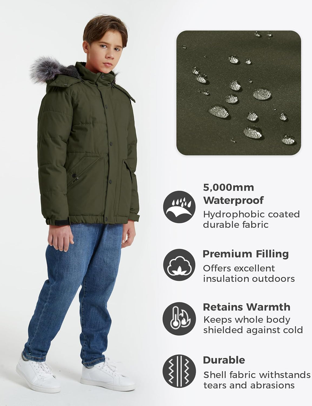 Boys' Winter Coat Waterproof Puffer Coat Warm Fleece Jacket