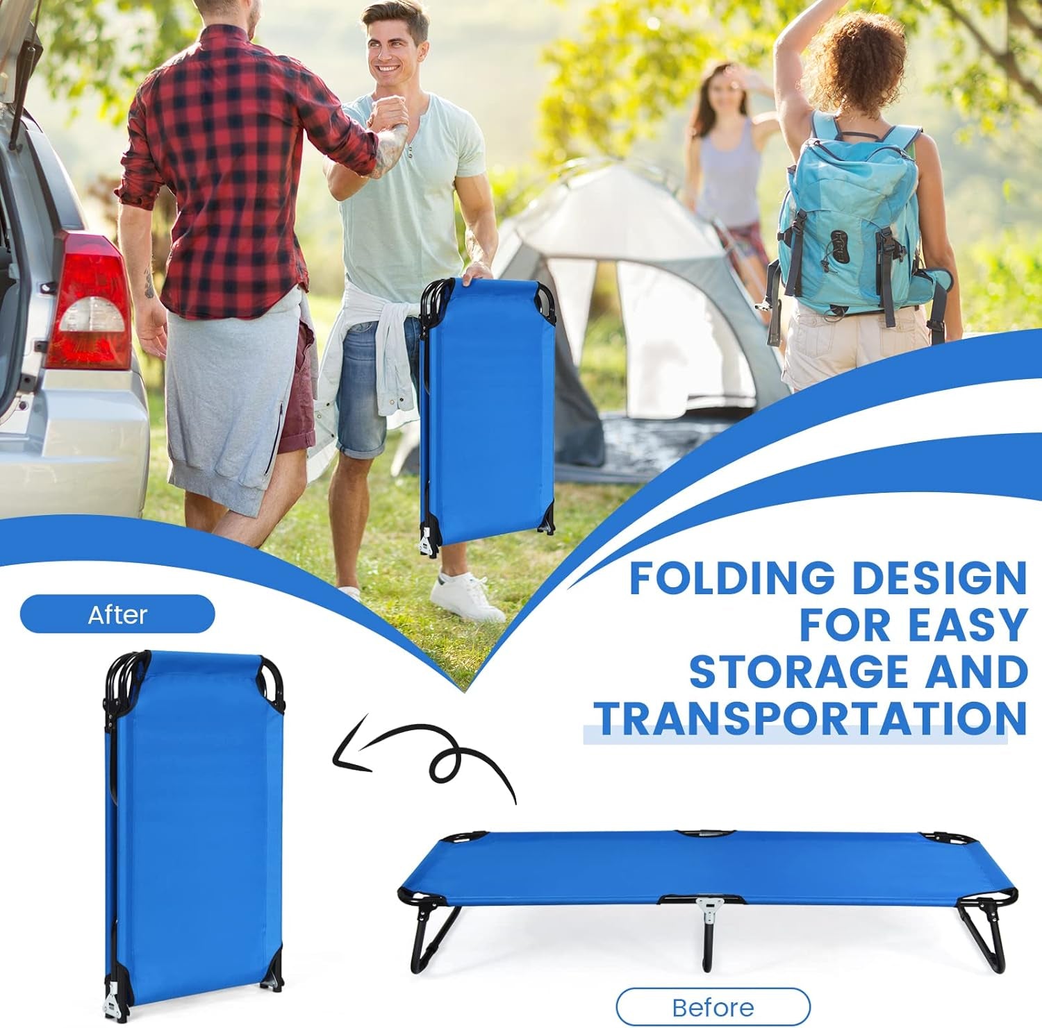Folding Camping Cot, Heavy Duty Collapsible Foldable Camping Bed for Adults Kids with Non-Slip Foot Pad, Indoor Outdoor Portable Sleeping Cot for Hiking, Camping, Fishing (Blue)